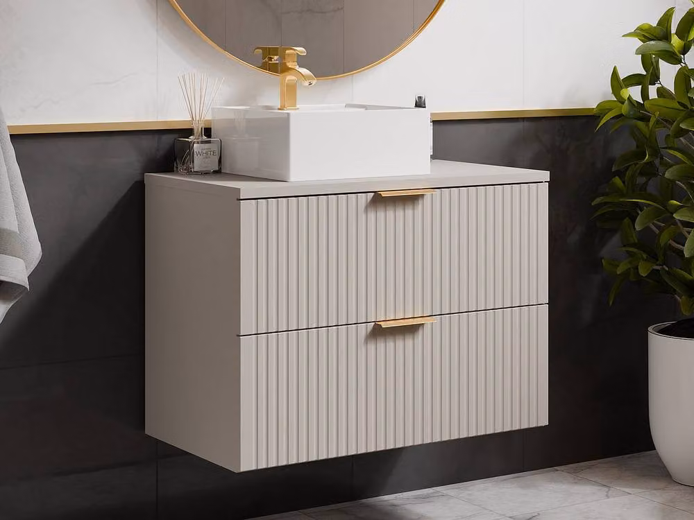 Vente-unique Suspended Striped Bathroom Vanity Unit with Square Countertop Basin in Beige – 3