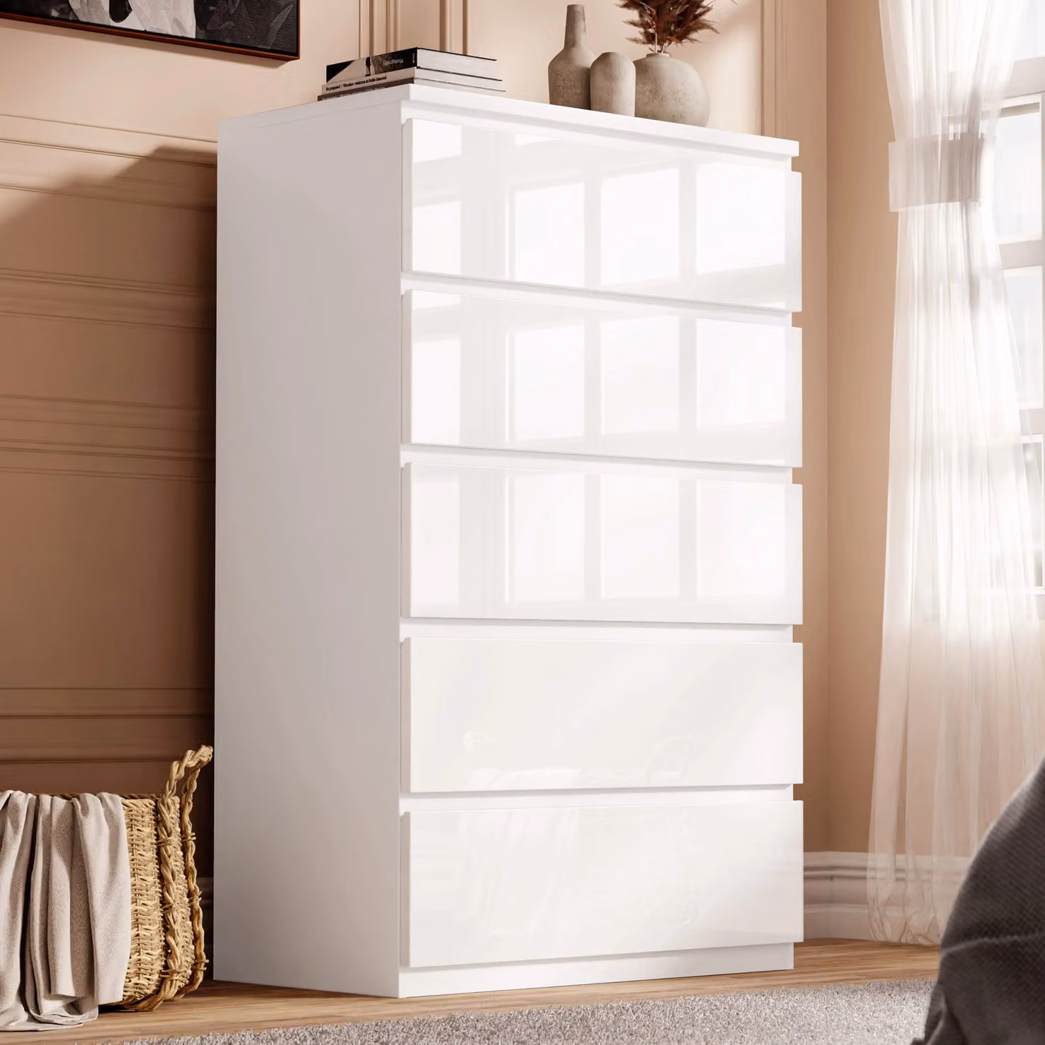 DHS High Gloss 5 Drawer Tall Chest of Drawers in White or Black