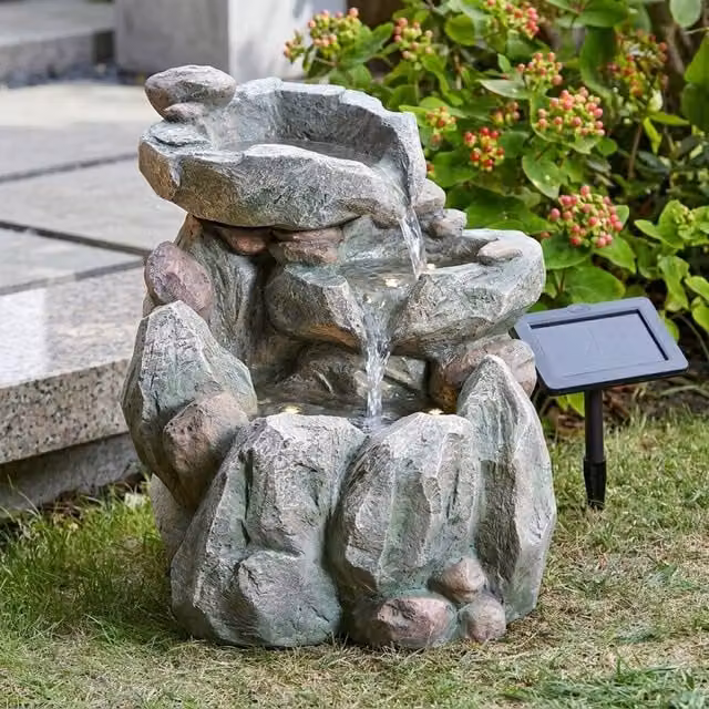 Garden Greatness Solar Rock Fall Water Feature in Grey, Stone Effect Polyresin Cascade, W/D/H: 40 x 46 x 51 cm