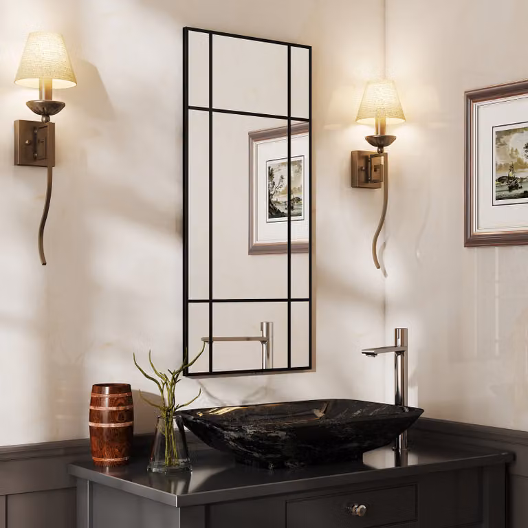 HOMCOM Modern Geometric Black Decorative Grid Wall Mirror with Hanging Hooks