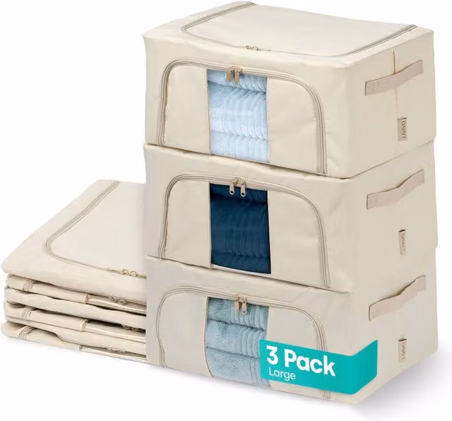 LIVIVO 3 Pack Foldable and Stackable Underbed Storage Bags with Clear Window and Steel Frame in Beige
