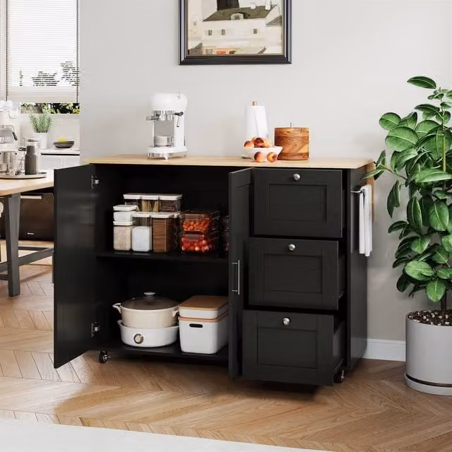 Merax Rolling Kitchen Island Trolley with Foldable Worktop and 3 Drawers, Black, Width: 135 cm
