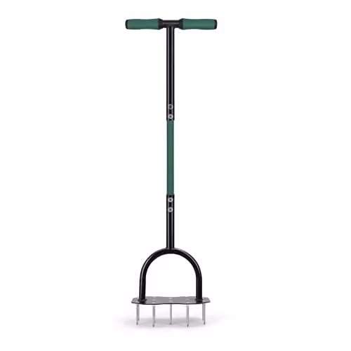 Garden Gear Heavy Duty Steel Lawn Aerator with Ergonomic Soft Grip T-Handle in Green and Black