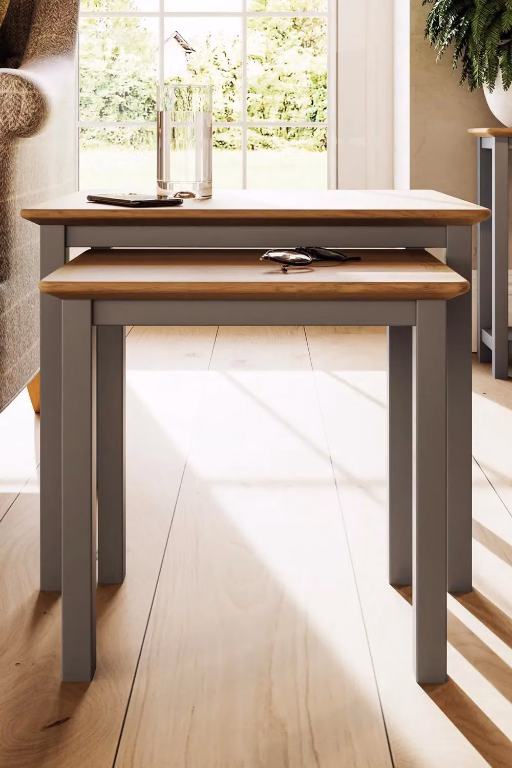 FWStyle Dove Grey Nest of 2 Tables with Oak Top, W/D/H: 55 x 45 x 44 cm – 3