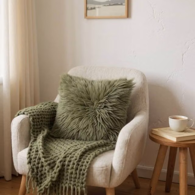 Infinity Leather Green Genuine Sheepskin Wool Cushion, W/D/H: 40 x 40 x 40 cm