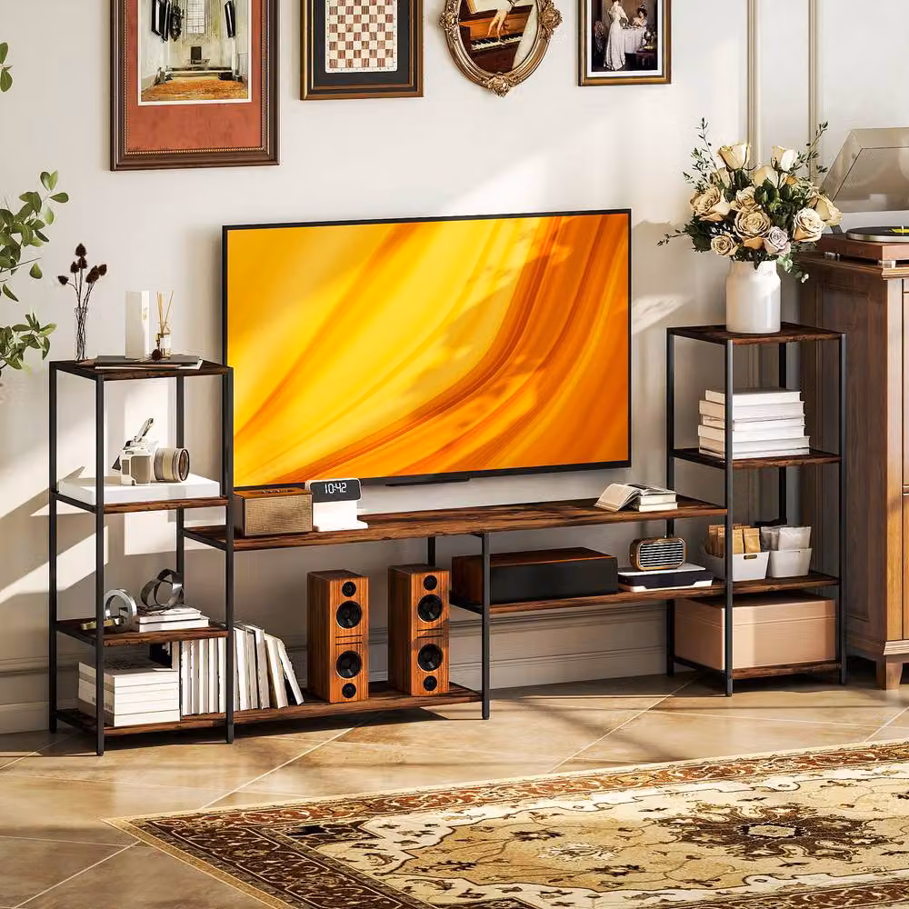 STILVORA Rustic Brown TV Unit with 8 Shelves and Metal Accents – 5