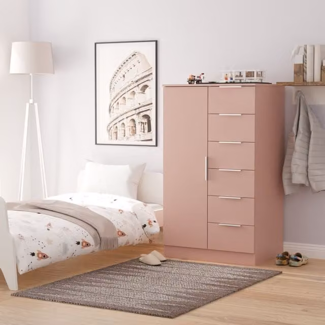 Ready Assembled 2 U Dover Childrens Wardrobe with 1 Door and 5 Drawers in Dusty Pink