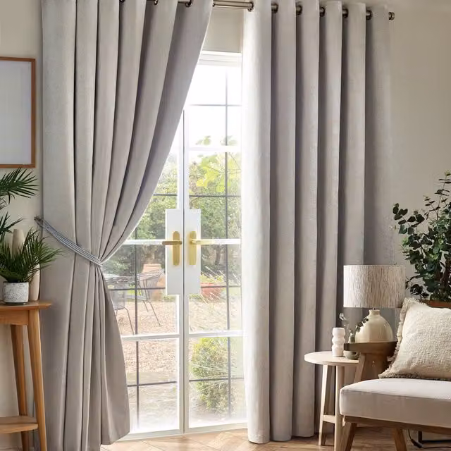 Luxury Living Silver Chenille Blackout Eyelet Curtains, Thermal Triple Weave Pair, Width: 168 cm, Drop: 137 cm