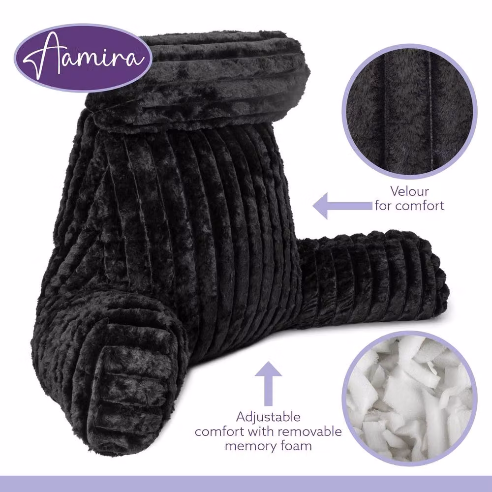 Aamira Black Faux Fur Ribbed Memory Foam Reading Pillow and Wedge Support Cushion – 9