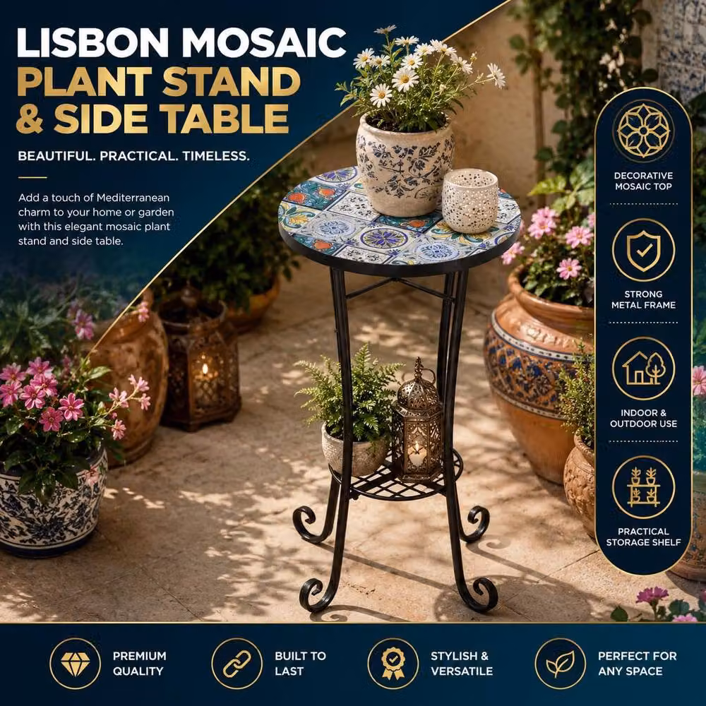 Shatchi Multicolour Mosaic Plant Stand Side Table with Ceramic Tile Top, W/D/H: 35 x 35 x 35 cm – 2