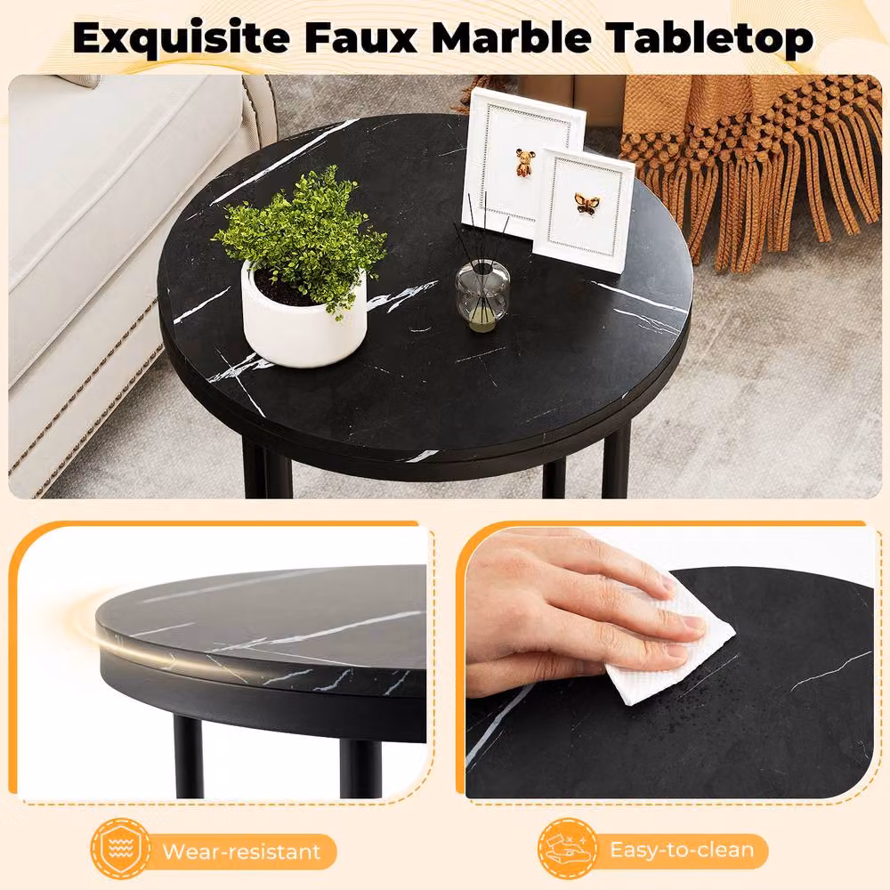 Gymax 2-Tier Round Side Table with Black Faux Marble Top and Metal X-Frame – 4