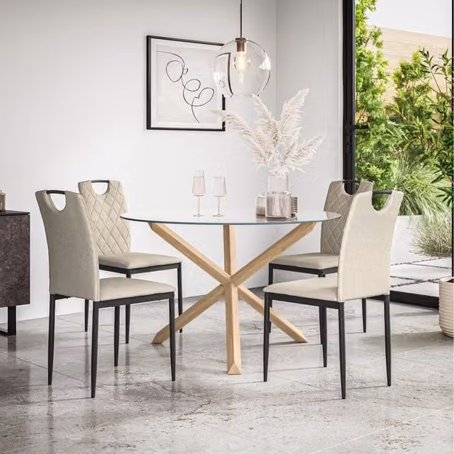 More4Homes Malvern Round Glass Dining Table Set with Solid Oak Legs and 4 Monza Linen Chairs in Beige