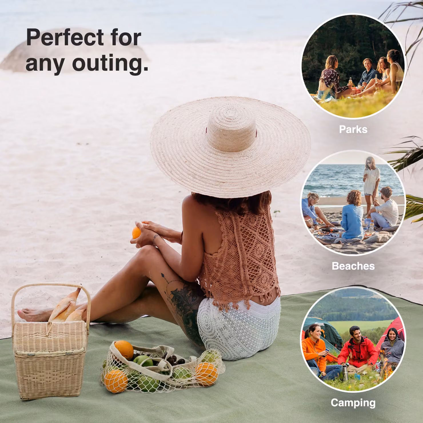 VonShef Green Herringbone Waterproof Picnic Blanket, W: 200 cm, D: 220 cm – 2