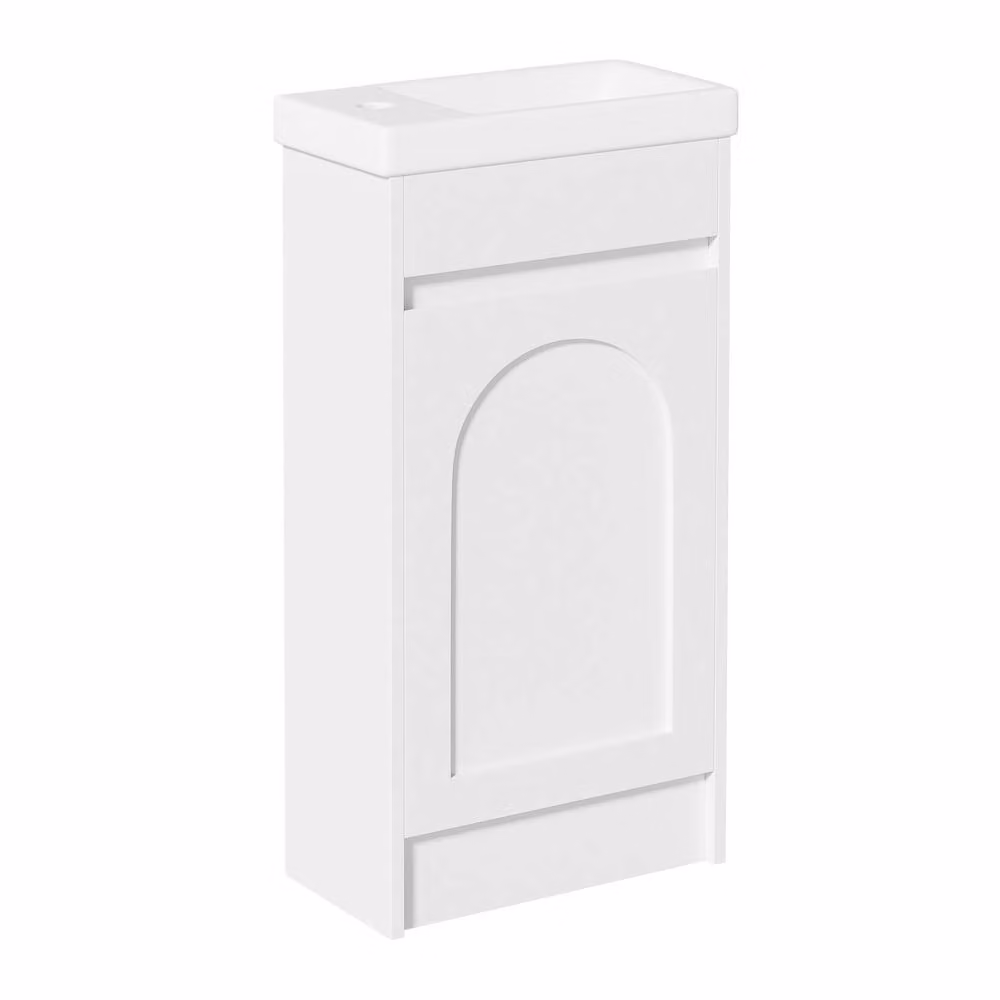 KEEPREAPER Modern White Glossy Bathroom Vanity Unit with Ceramic Sink and Internal Shelves – 2