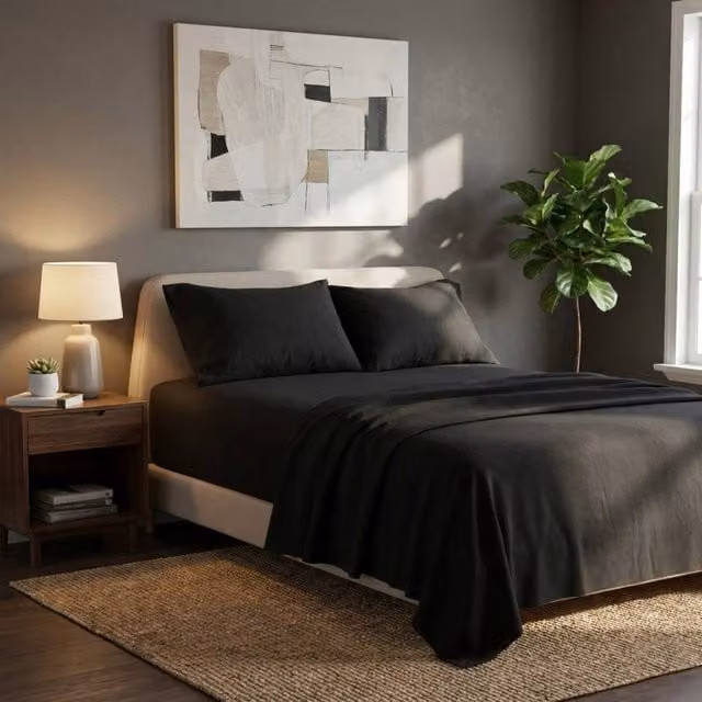 Snug City Black Plain Brushed Cotton Flannelette Fitted Sheet and Matching Pillowcase Set, W/D/H: 90 x 200 cm – 1