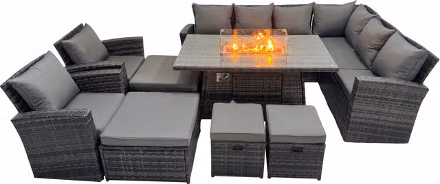 Fimous Rattan L-Shape Corner Sofa Set with Gas Fire Pit Table and 4 Footstools in Dark Grey