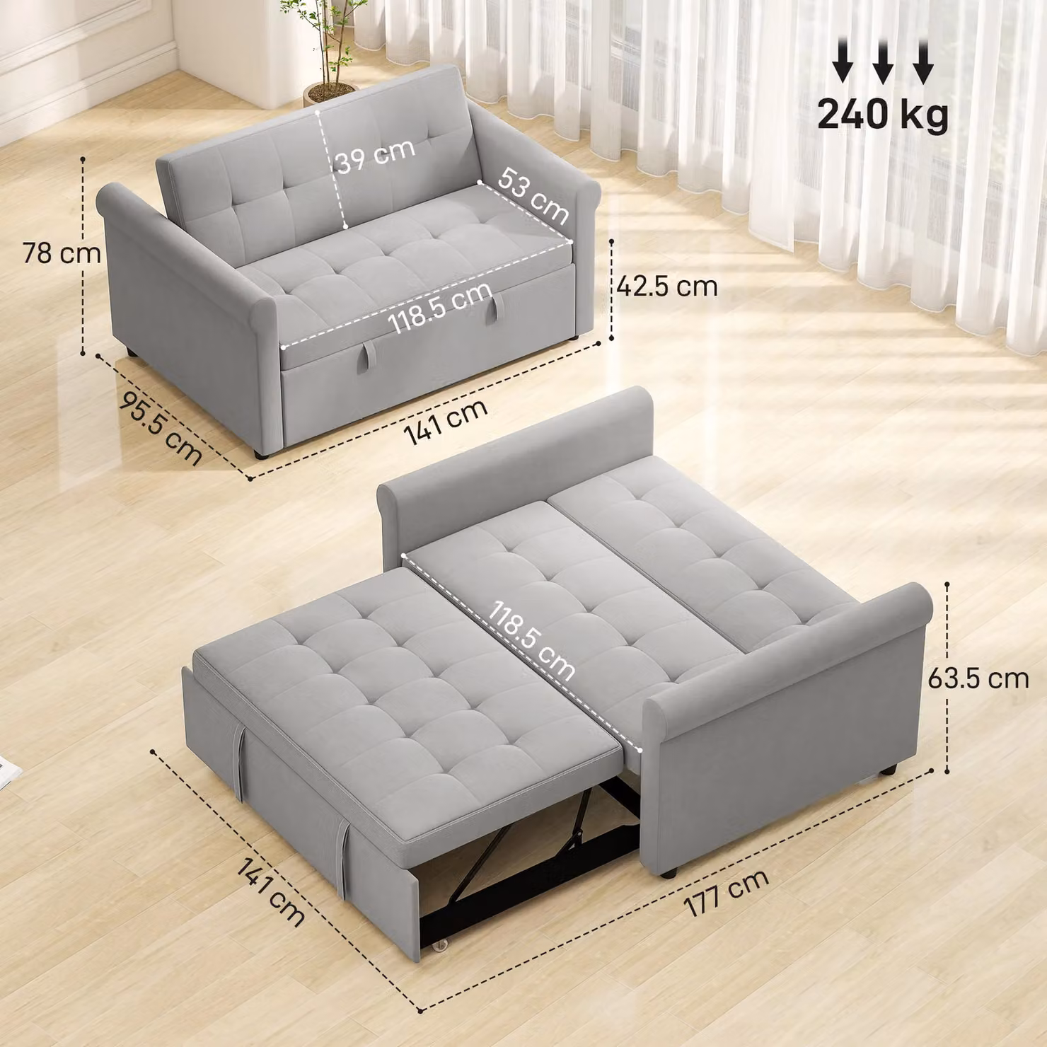 HOMCOM 2 Seater Convertible Pull Out Sleeper Sofa Bed in Grey Fabric – 2