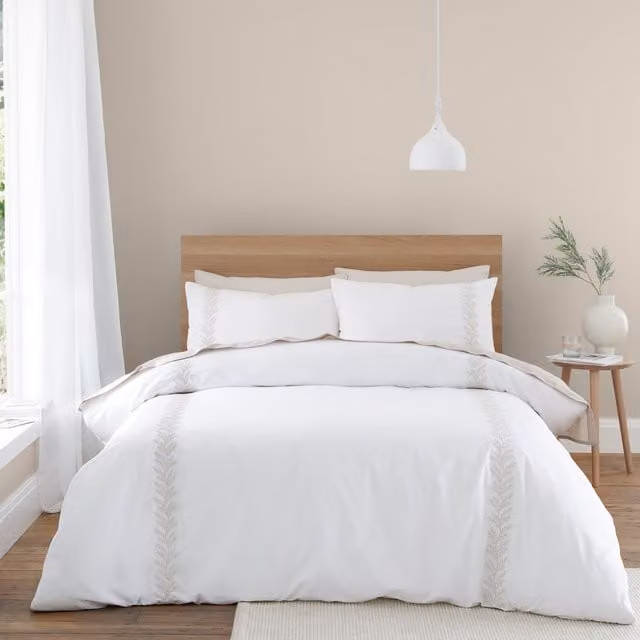 Bianca Natural Cotton Percale Duvet Cover Bedding Set with Floral Leaf Embroidery in Beige and White