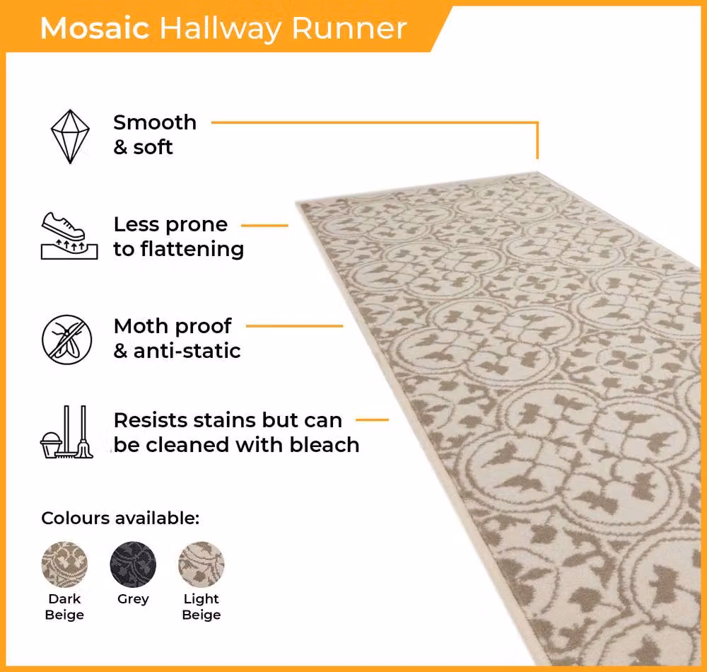 runrug Mosaic Hallway Carpet Runner Rug in Grey, W: 60 cm, L: 240 cm – 3