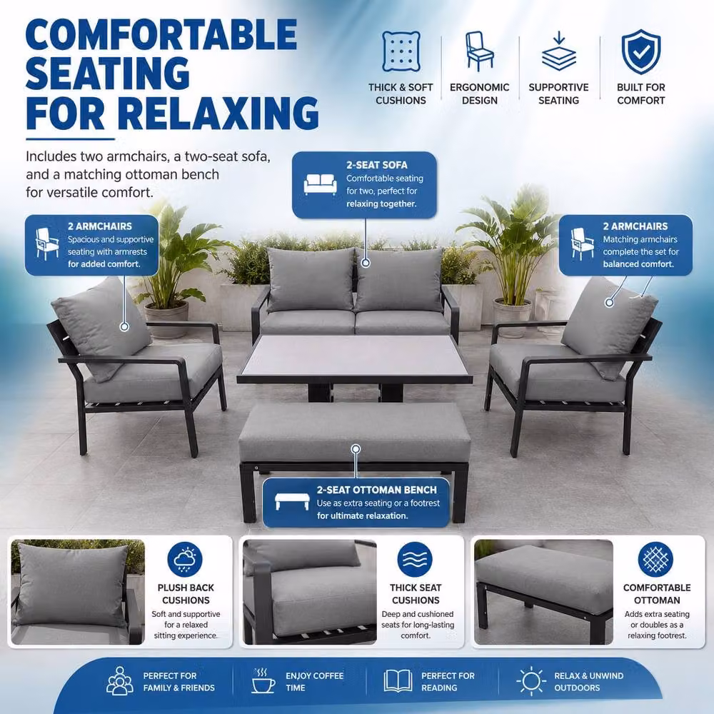Shatchi 4 Seater Grey Aluminium Garden Sofa Set with Height Adjustable Gas Lift Glass Table – 5