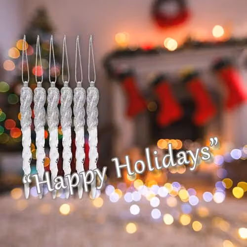 VFM e-Store Silver Glitter Snowflake and Icicle Christmas Tree Hanging Ornaments, Pack of 6, 12 cm – 4