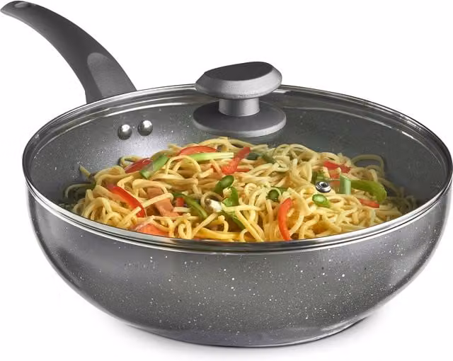 VonShef Non-Stick Aluminium Wok with Glass Lid, Grey