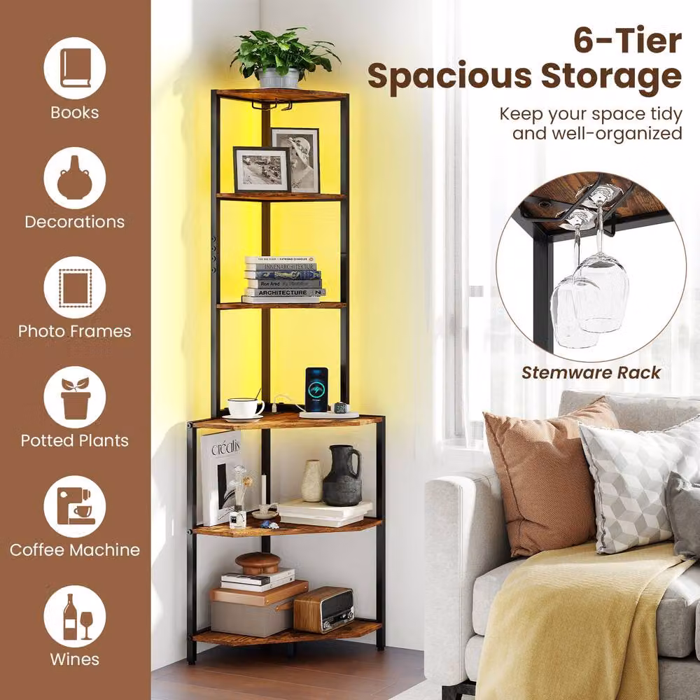 Costway Wooden Corner Shelf with Storage Shelves in Brown – 6
