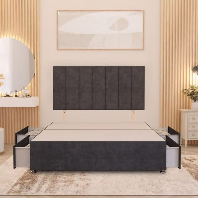 Somnior Beds Ltd Austin Divan Bed Base with 32 inch Headboard and Storage Drawers in Charcoal Grey Plush Velvet, W/D/H: 180 x 200 x 34.5 cm