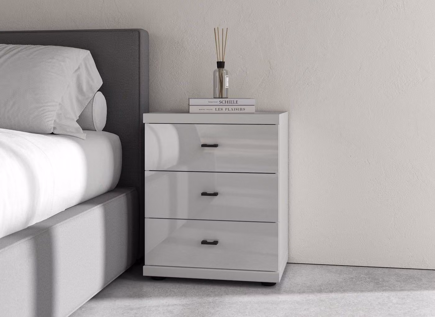 Wiemann Roberts Grey Glossy Modern Bedside Table with Drawer