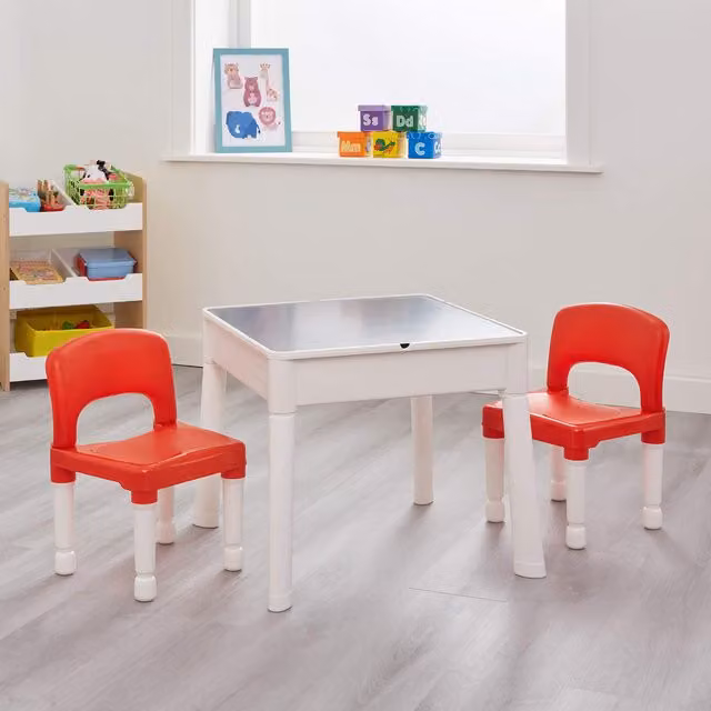 Liberty House Toys Kids 6 in 1 Plastic Activity Table and 2 Chair Set in Red and White