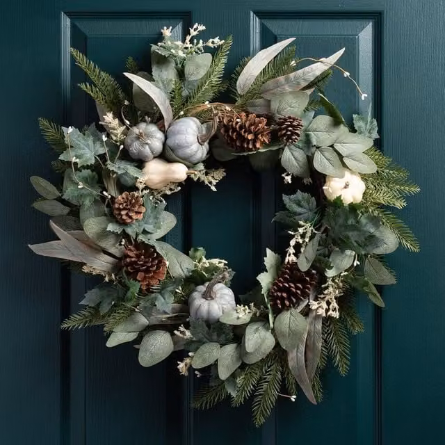 Scottish Everlastings Ltd Round Pumpkin Wreath with Eucalyptus Leaves in Green, Cream and Petrol, Diameter: 65 cm