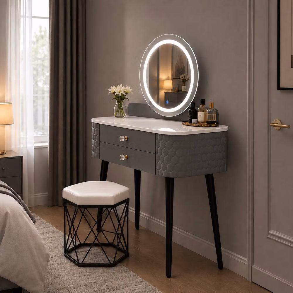 MN Furniture Modern Dressing Table with LED Mirror and Storage Drawer, Grey, W: 60 cm, D: 40 cm, H: 127 cm – 2