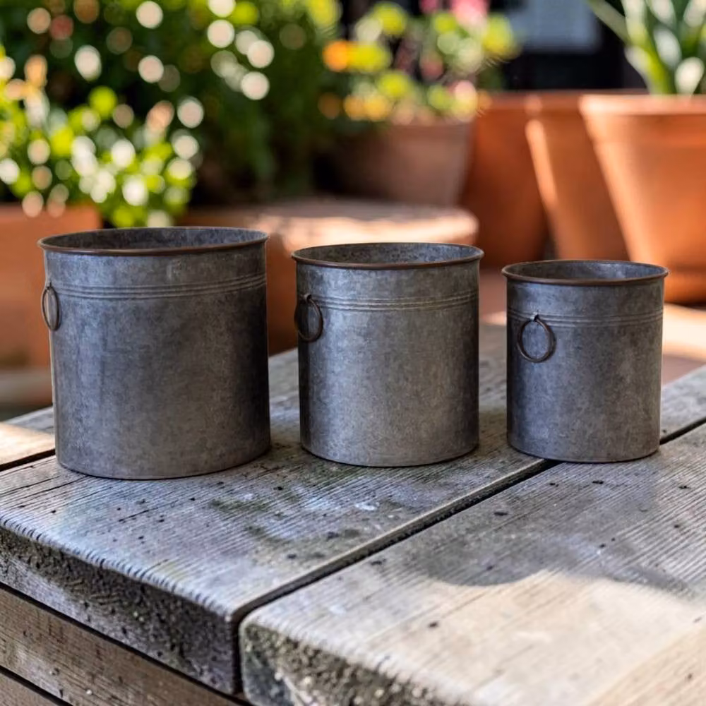 Four Candle Set of 3 Round Galvanised Steel Metal Garden Planters in Grey – 2
