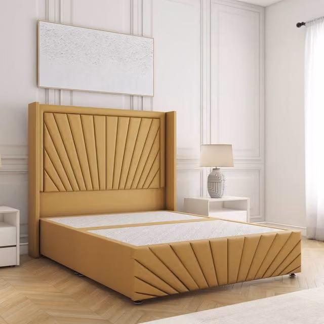 BSSPOKE Nola Divan Bed with 54 inch Headboard in Mustard Yellow Plush Velvet, Small Double, W/D/H: 120 x 200 cm