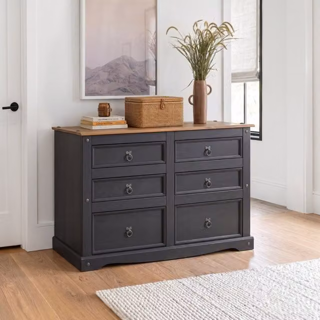 Mercers Furniture Corona Charcoal 3+3 Chest Of Drawers in Distressed Anthracite Pine