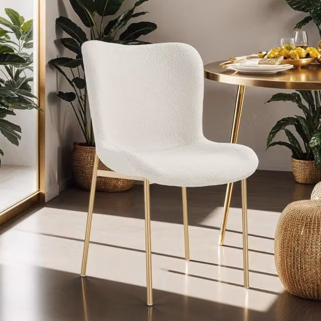 Tectake Modern Dining Chair in White Bouclé Fabric with Gold Metal Frame