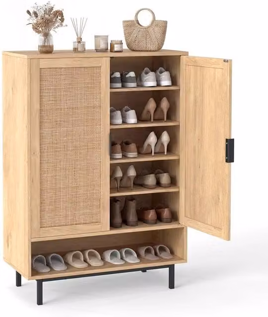 VOGREX 6-Tier Rattan Shoe Cabinet in Beige, Height: 108 cm