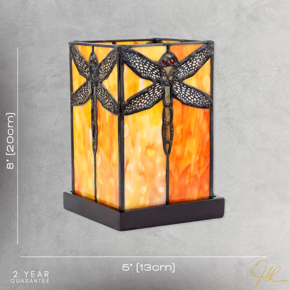 Happy Homewares Orange and Amber Tiffany Stained Glass Tabletop Lamp with Dragonfly Decor – 4