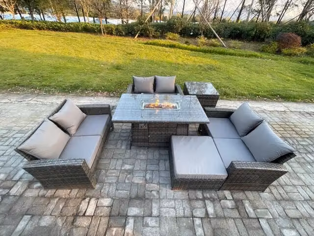 Fimous 7 Seater Rattan Outdoor Garden Dining Set with Gas Firepit Table and Side Table in Dark Grey