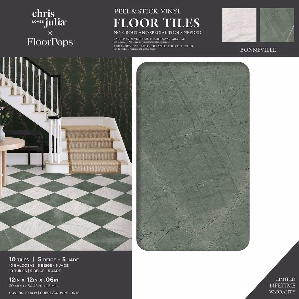 Floor Pops Bonneville Jade Self Adhesive Vinyl Floor Tiles, Dark Green, Pack of 10 (0.93sqm), W/D/H: 30.48 x 30.48 x 30.48 mm – 2