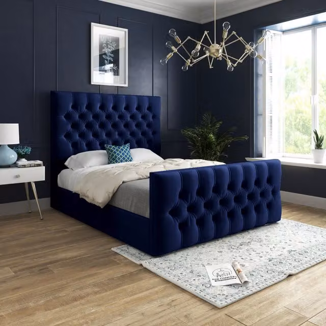 KDMD Blue Velvet Chesterfield Upholstered Bed Frame, W/D/H: 140 x 200 cm