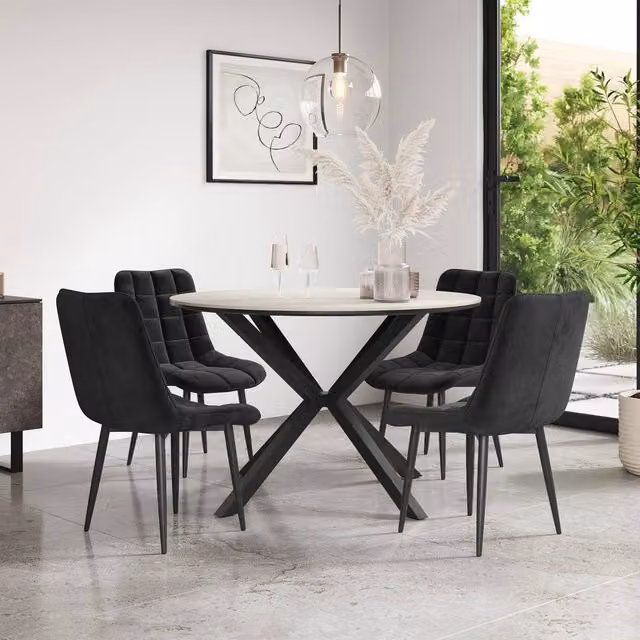 More4Homes Calne Round White Ceramic Dining Table and 4 Black Nova Velvet Chairs, Diameter: 120 cm, Height: 75 cm