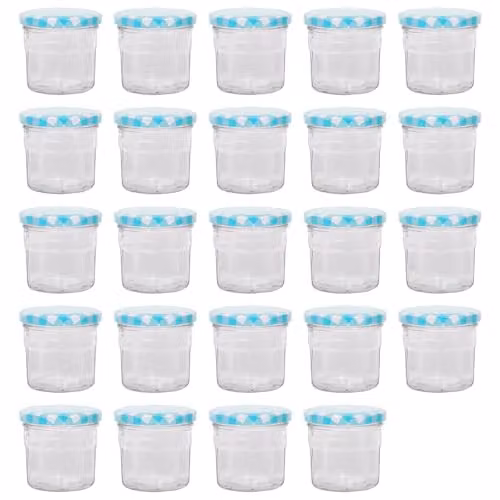 Argon Tableware Glass Jam Jars with Airtight Blue Gingham Lids, 130ml, Pack of 24