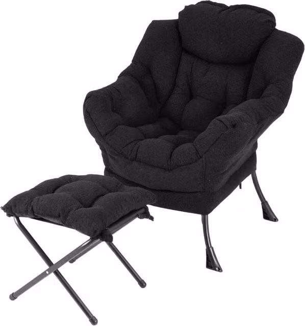 Costway Modern Upholstered Lazy Accent Chair with Ottoman and Side Pocket in Black