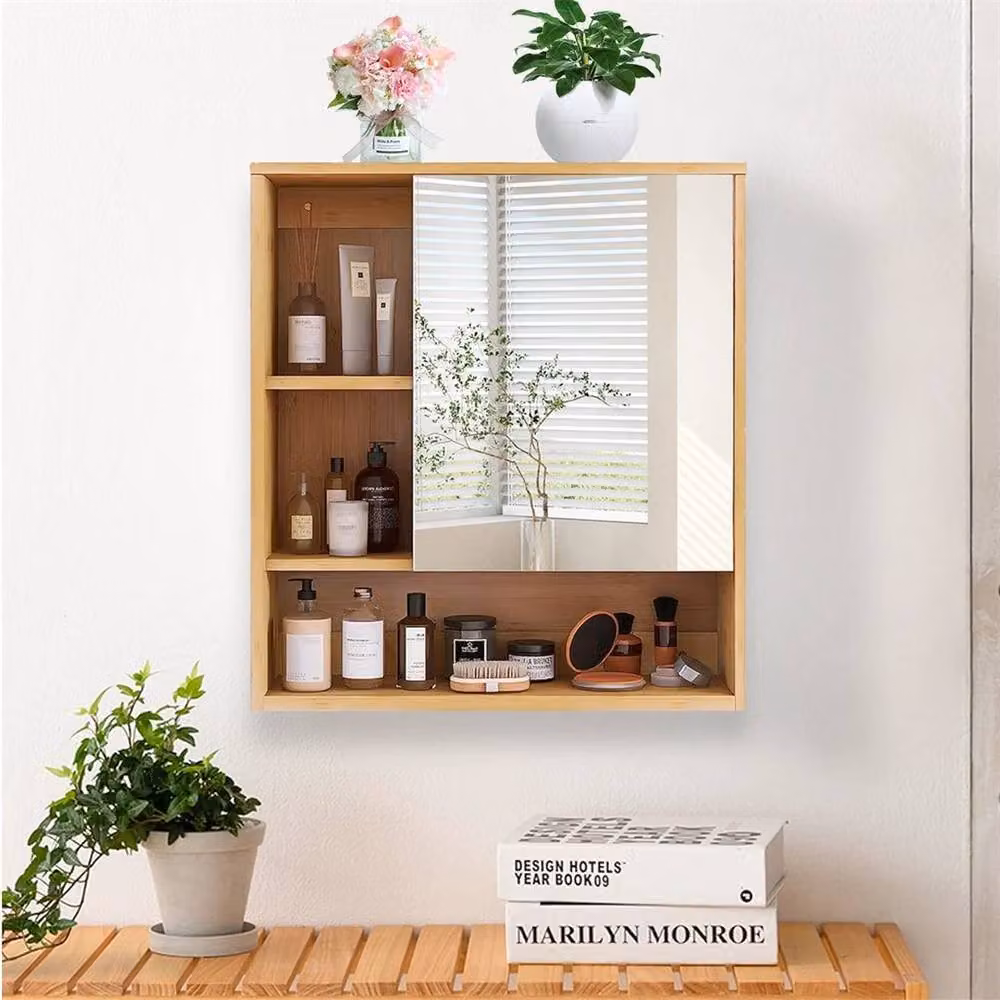 PAWNORA Bamboo Bathroom Mirror Cabinet in Brown with Hinged Doors and Internal Shelves – 5