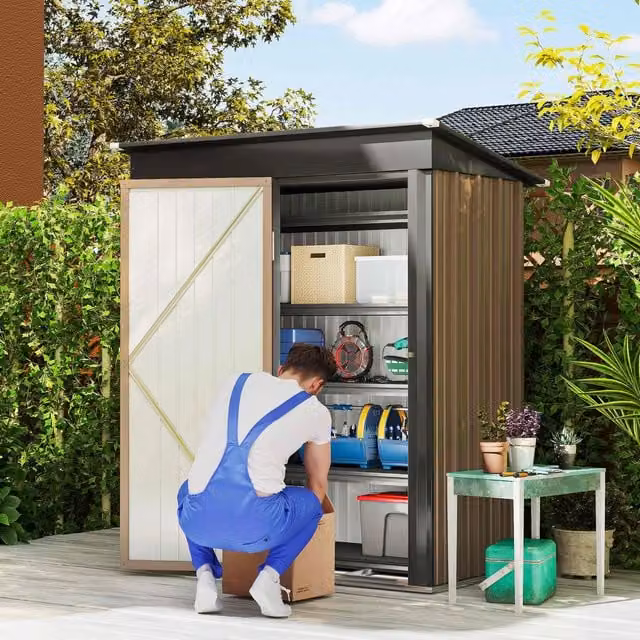 OUTSUNNY Brown Steel Lean-to Garden Shed with Single Door, W/D/H: 161 x 95 x 181 cm – 1