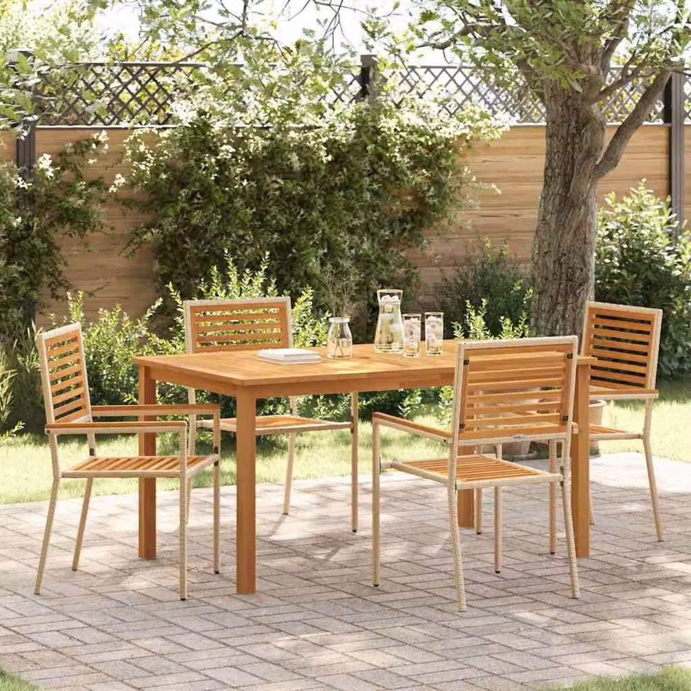 Berkfield Home Modern 5 Piece Garden Dining Set in Beige Poly Rattan and Acacia Wood – 2