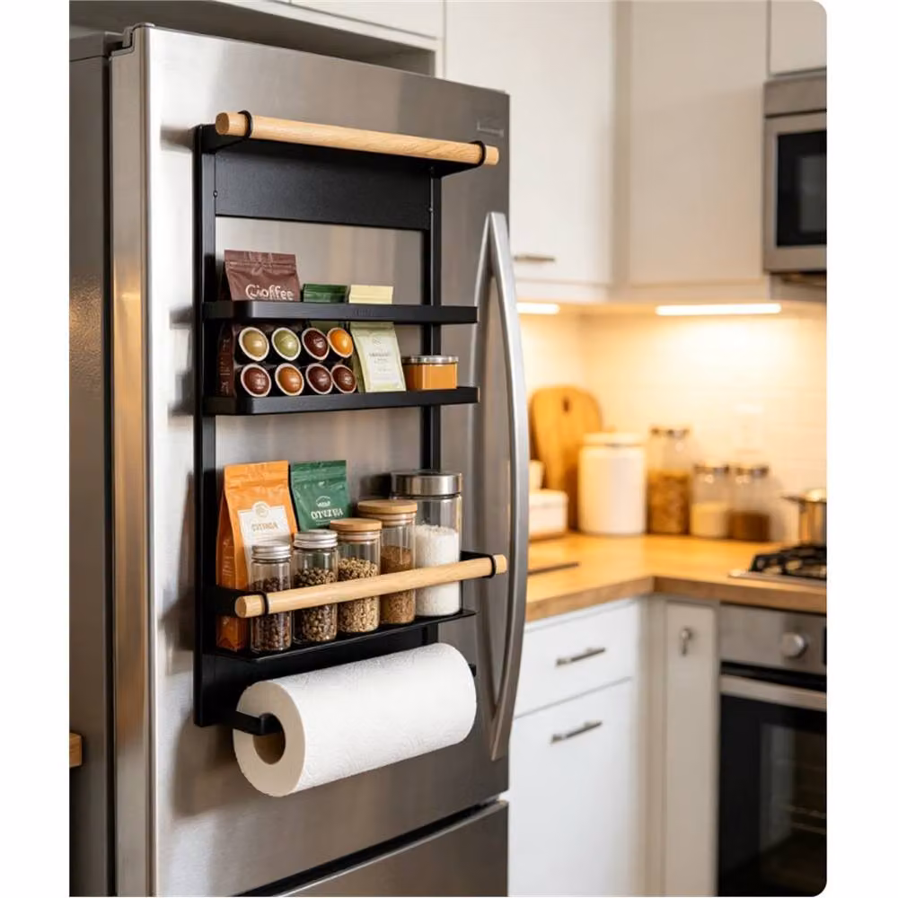 FLAVORA Black Magnetic Metal Fridge Storage Rack with Hooks – 5