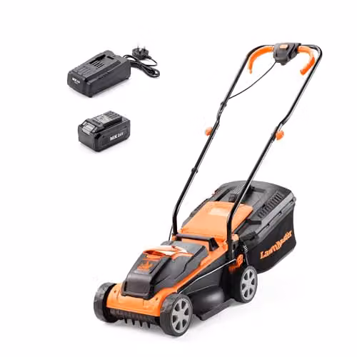 LawnMaster MX 24V 32cm Cordless Lawnmower in Orange with Rechargeable Battery and Fast Charger