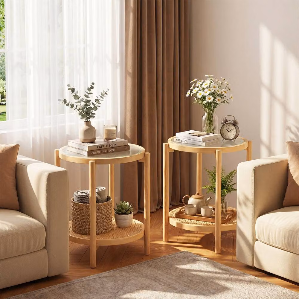 Gymax Round 2-Tier Boho Side Table in Natural Acacia Wood and Glass – 2